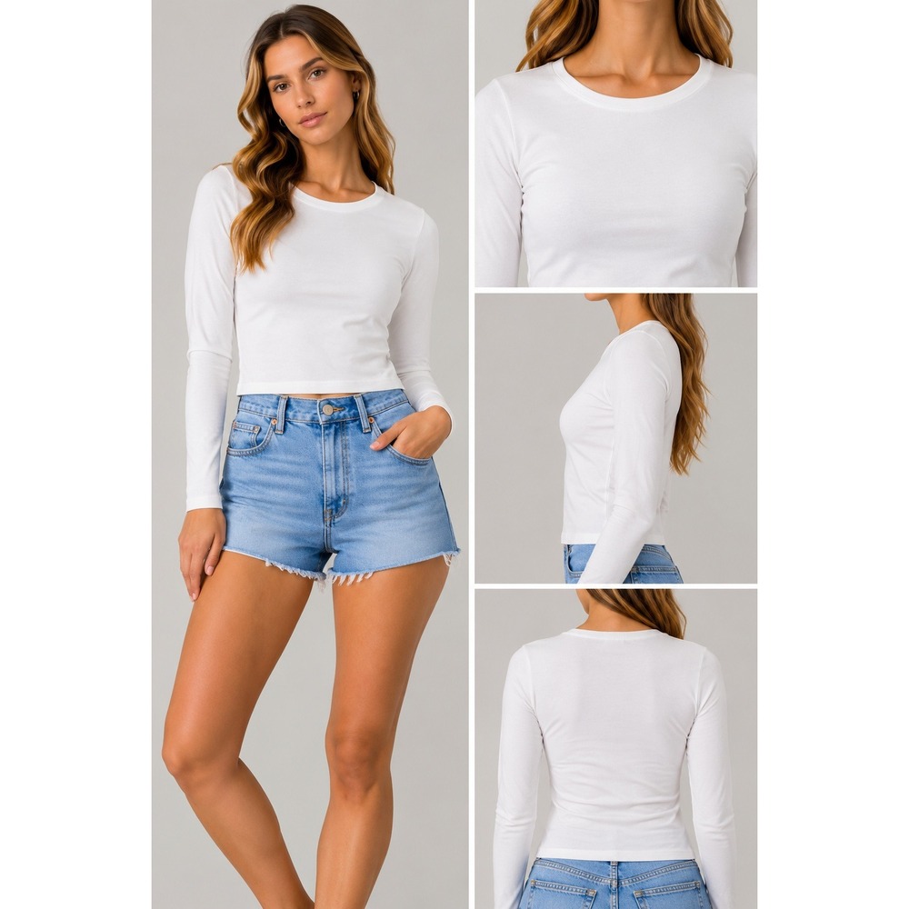 Commense Womens M White Long Sleeve Crew Neck Fitted Top Cropped